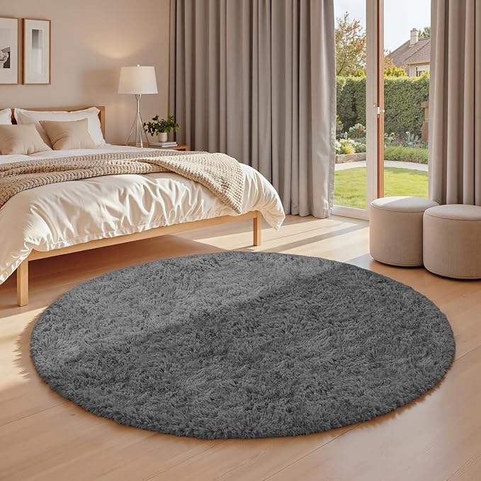 Dark Gray Round Fluffy Rug 5ft Plush Fuzzy Shaggy Carpet, Soft Rugs - Image 2