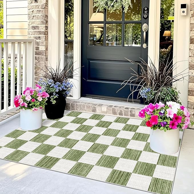 Green White Checkered Entry Rug - Image 3