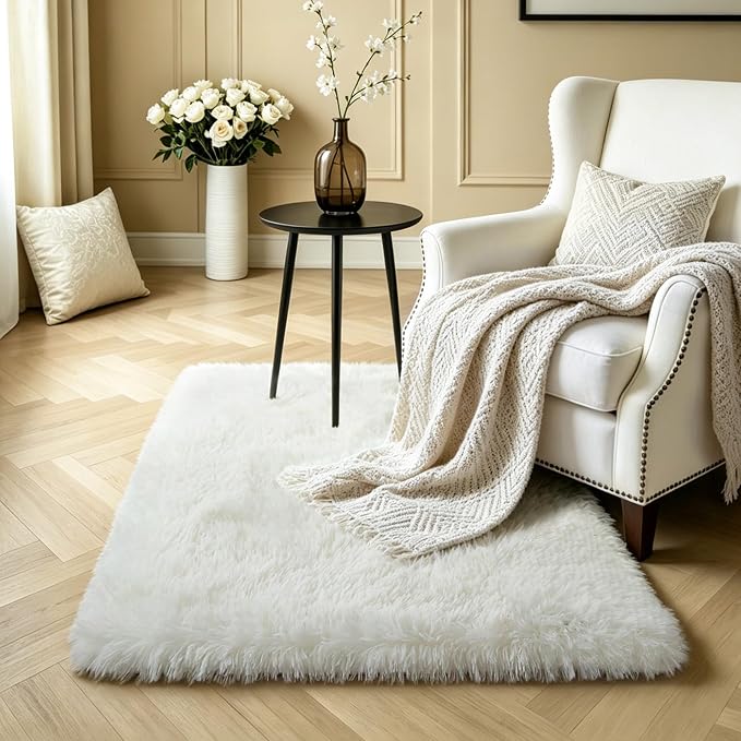 KCHOWUA Cream White Fluffy Area Rug - Image 6
