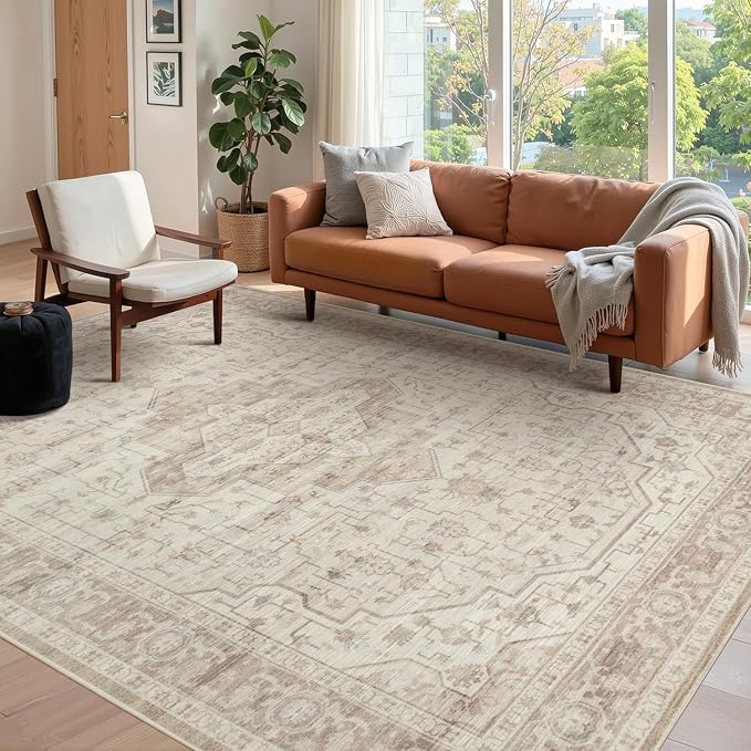 Rugxara 5X7 Washable Area Rug for Living Room, Vintage Neutral Large Boho Rugs by Rugxara