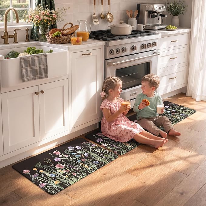 KIMODE Anti Fatigue Mats for Kitchen Floor 17"x47"+17"x29", Farmhouse Floral - Image 8