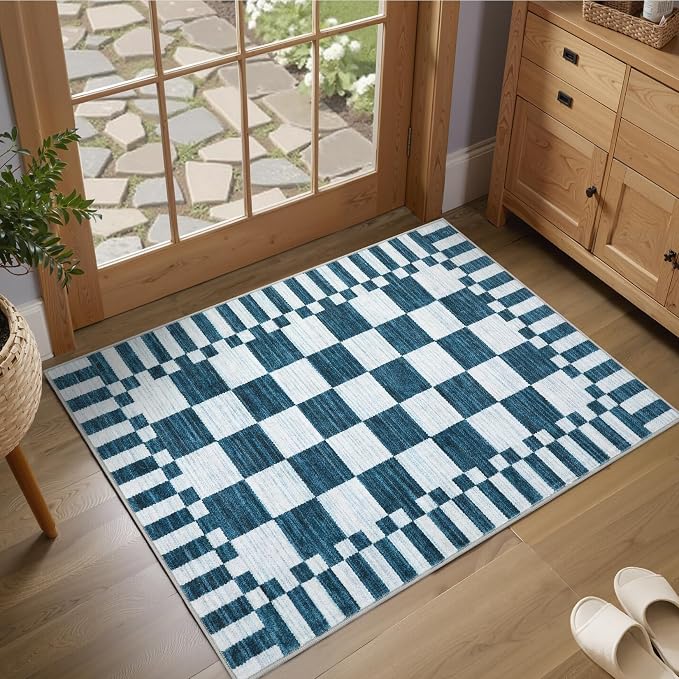 GarveeHome Blue and White Checkered Rug 2x3 Washable Rug Non-Slip by GarveeHome