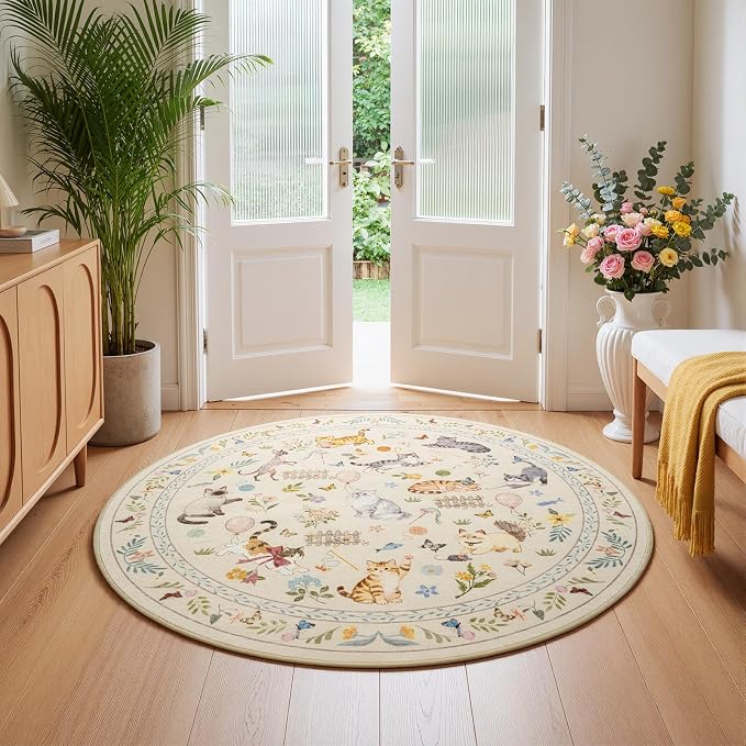 Unirea 4x4 Beige Cat Round Area Rugs, Washable Soft Non Slip Circle Rug - Image 3