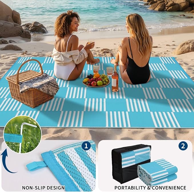 Garvee Waterproof Outdoor Rug 6x9, Checkered Foldable Plastic Straw Patio - Image 5
