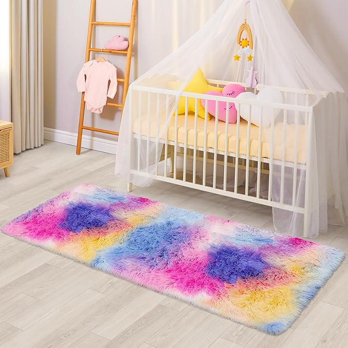 Hot Pink Rainbow Rug for Girls Bedroom Runner 2x6, Fluffy Soft Bedroom Runner - Image 3
