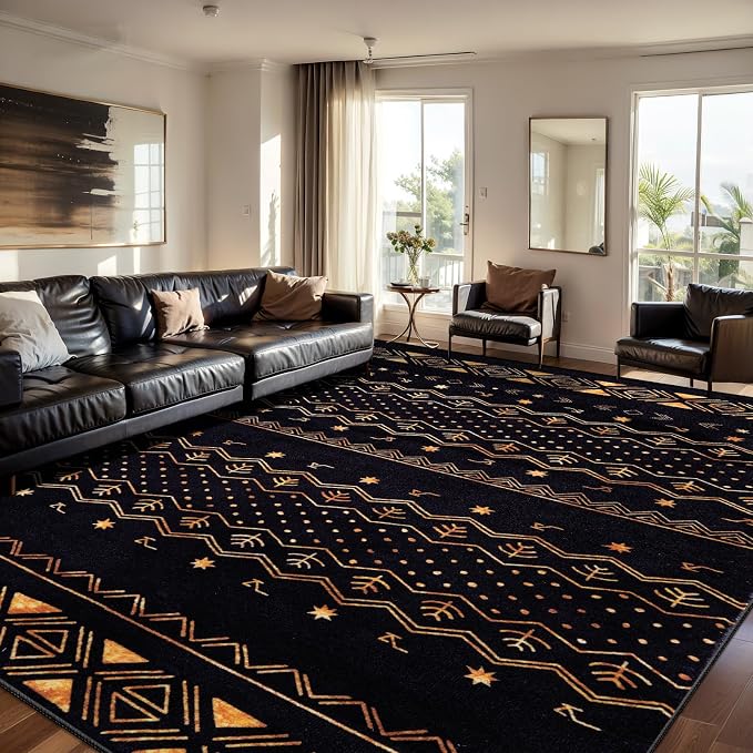 SERISSA 8x10 Area Rugs for Living Room, Washable Non-Slip Black and Gold Boho by SERISSAHomeDecorCollection