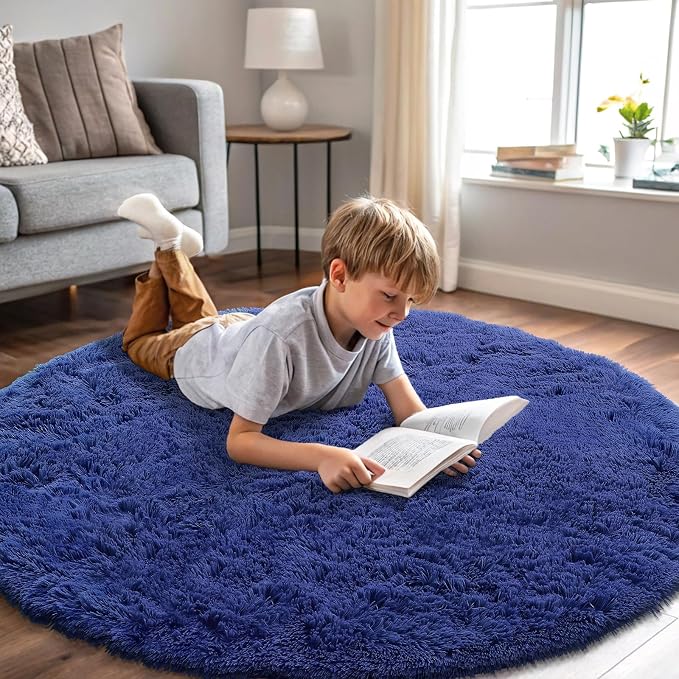 OLANLY Navy Blue Round Rugs for Bedroom by OLANLY