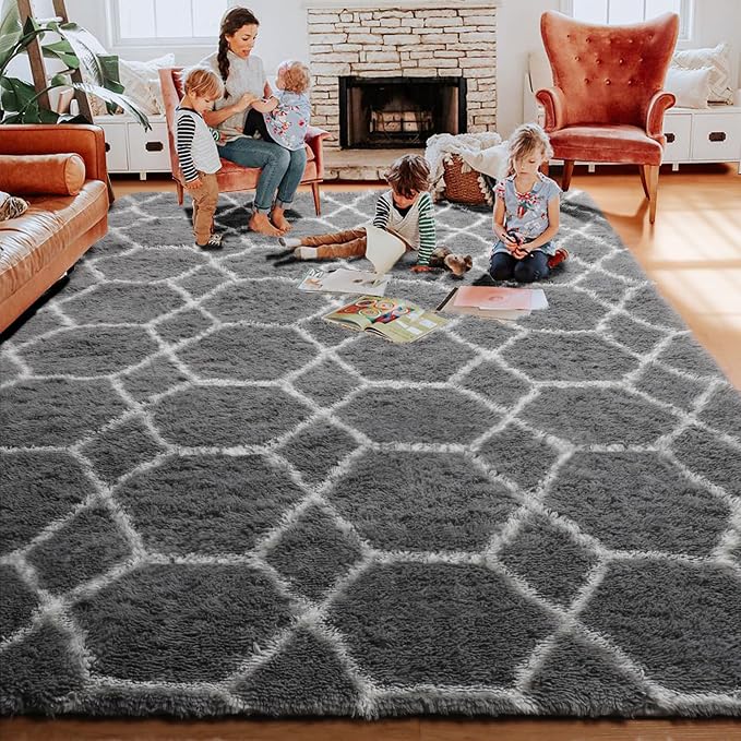 ONASAR 7x9 Area Rugs for Living Room Bedroom, Large Fluffy Grey and White Throw - Image 8