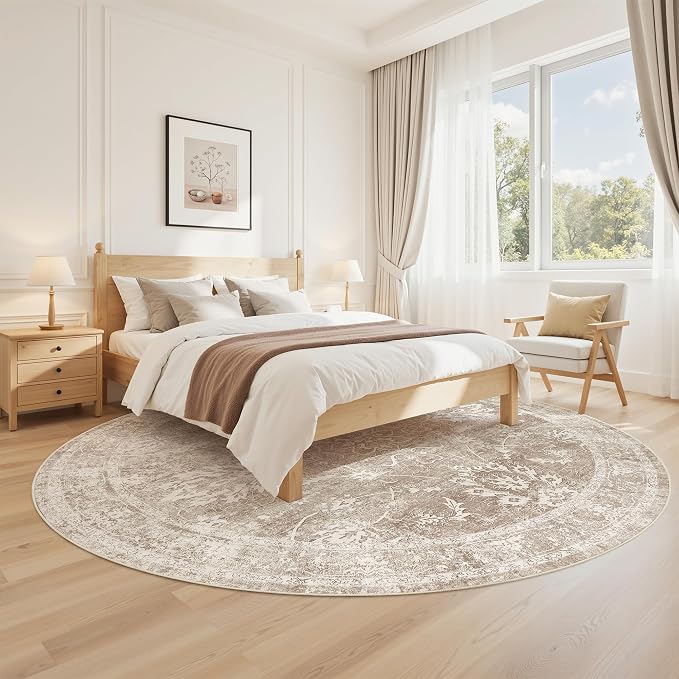 Madane Washable Round Rug 8ft for Living Room, Soft Ultra-Thin Non-Slip Vintage - Image 3