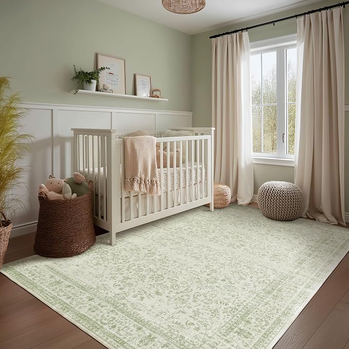 Sage Green Area Rug for Bedroom Neutral Boho Farmhouse Floral Distressed Design by BILEEHOME