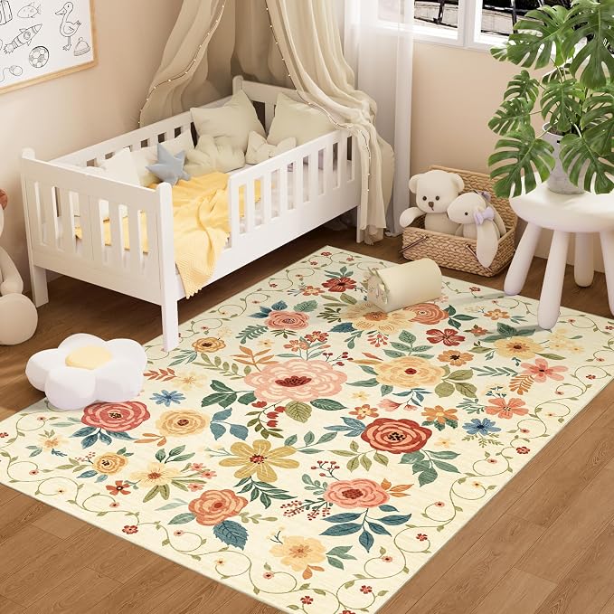 DUKINO 4x6 Area Rug, Lightweight Non Slip Washable Floral Rug, Indoor Low Pile by DUKINO