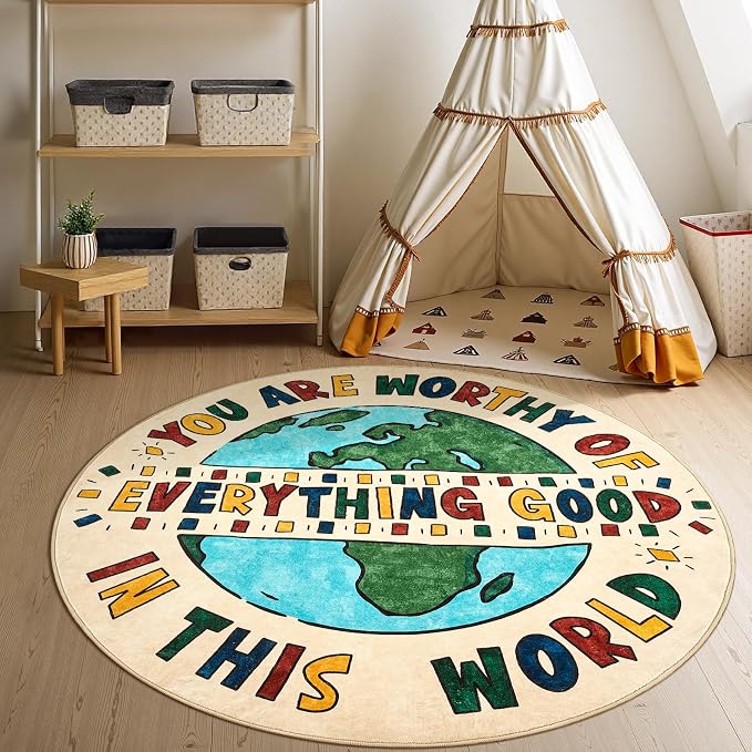 JINCHAN 4ft Round Rug Washable Fun Rug You Are Worthy Playroom Mat Non Slip by JINCHAN