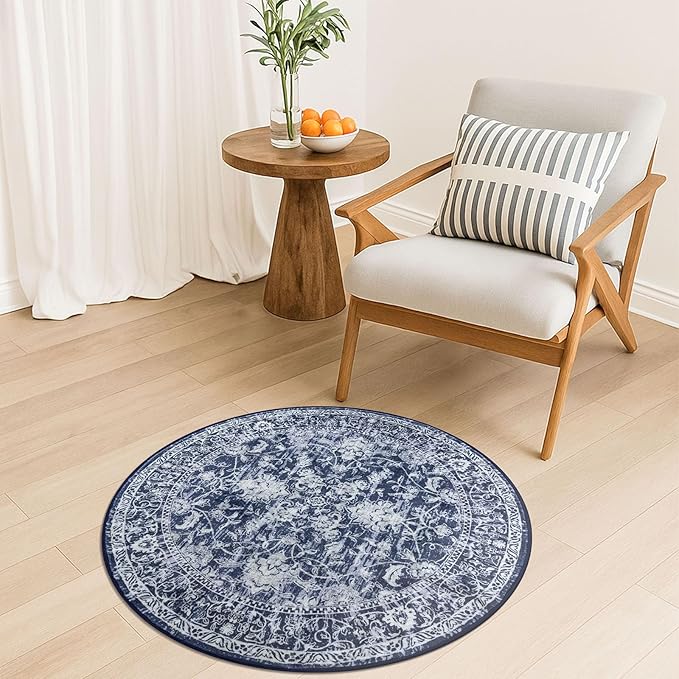 KILOCOCO Round Rug 3ft Vintage Floral Small Circle Rug Machine Washable - Image 3
