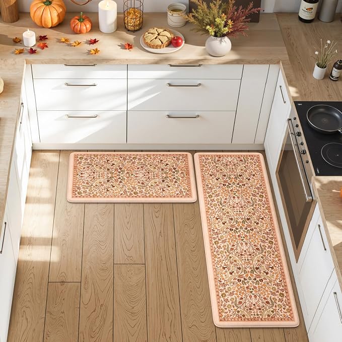 Collive Fall Orange Floral Kitchen Mats, Cushioned Anti Fatigue Kitchen Rug Set - Image 9