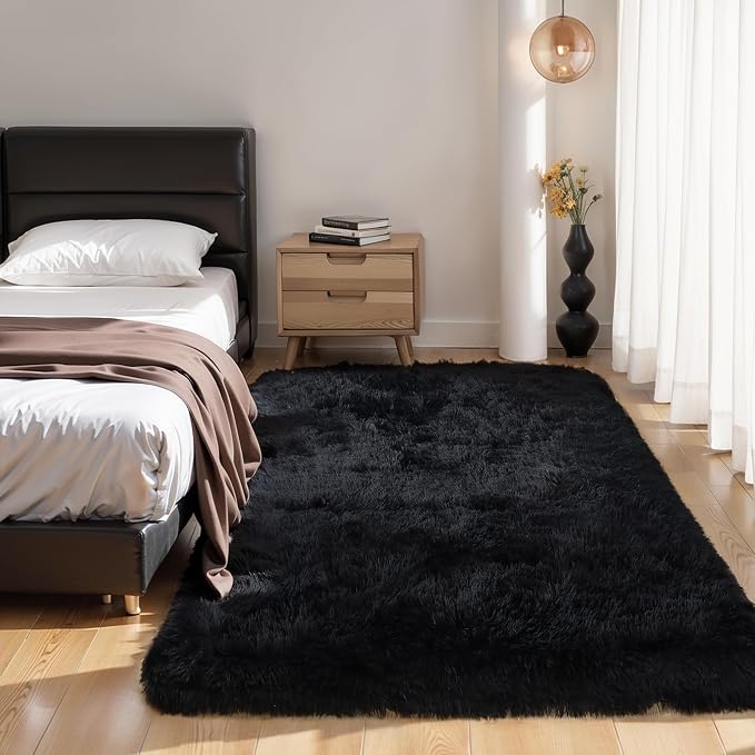 KICHOWUA Thick Area Rug Black Fluffy Shag 5x7 - Image 6