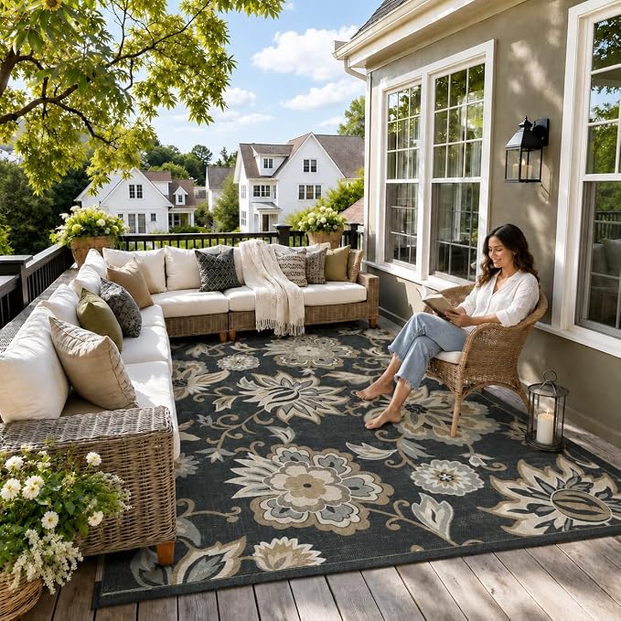 Lahome Black Outdoor Rug 8x10, Non Slip Indoor Outdoor Patio Rug by Lahome