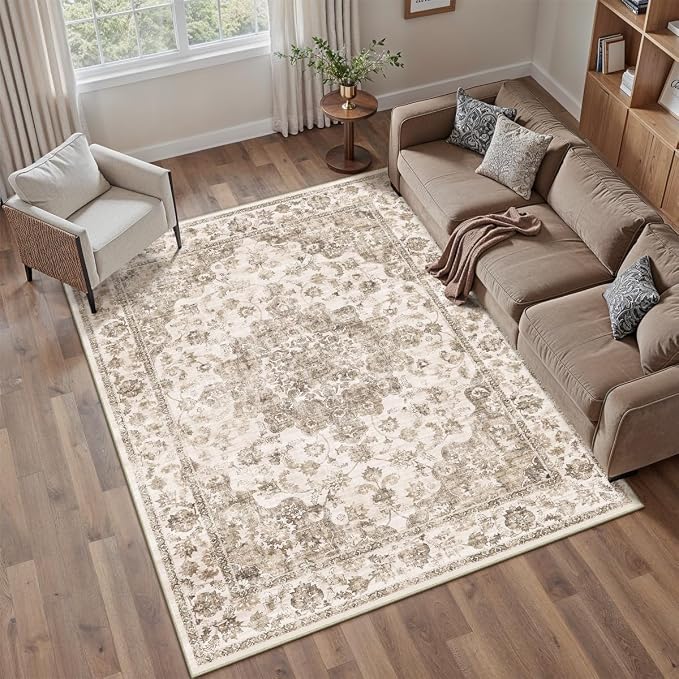 6x9 Washable Neutral Area Rug Brown Vintage Living Room Bedroom Carpet Non-Slip - Image 3
