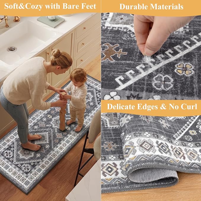 HEBE Boho Kitchen Rugs Sets of 2, Non Slip Washable Kitchen Mats - Image 5