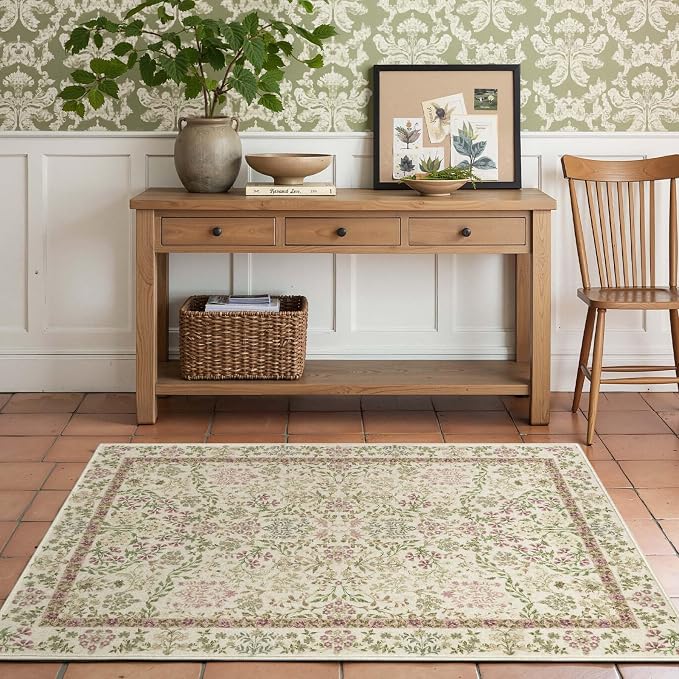 jinchan Zenith Floral 3x5 Area Rug Machine Washable Soft Low-Pile Non-Slip by JINCHAN