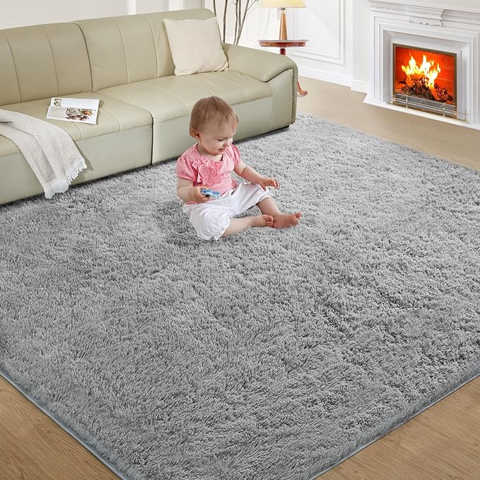 Ultra Soft Rug for Living Room, 8X10 Light Grey Fluffy Shag Area Rug for Bedroom by Fairblink