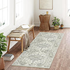 2x8 Washable Neutral Runner Rug Green Vintage Hallway Kitchen Carpet Non-Slip - Image 3