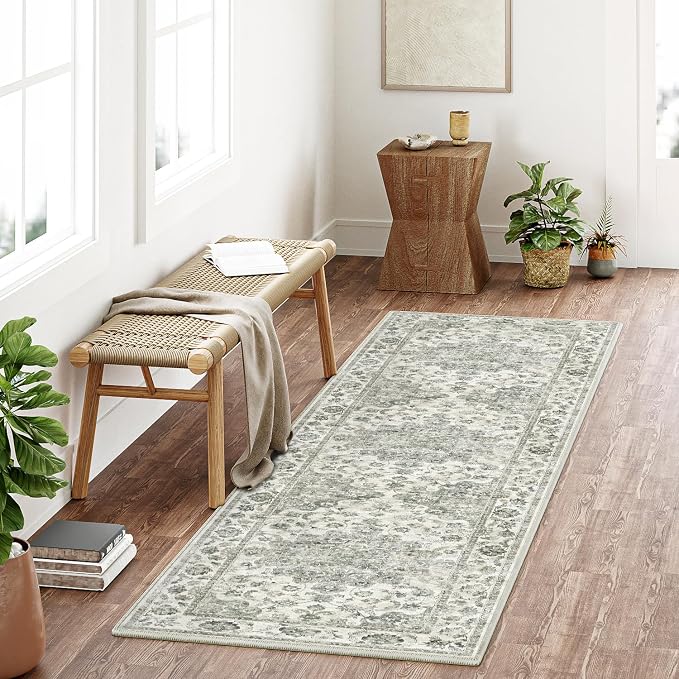2x8 Washable Neutral Runner Rug Green Vintage Hallway Kitchen Carpet Non-Slip - Image 3