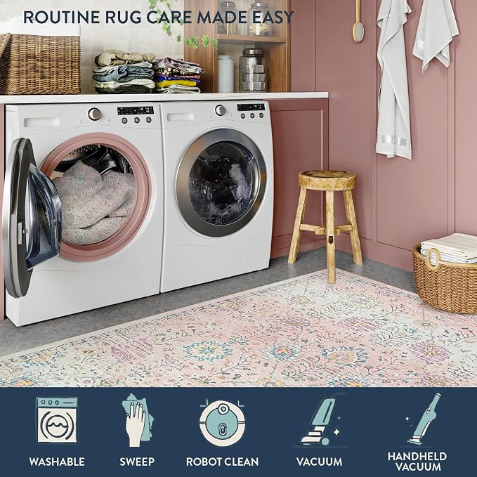 Lahome Pink Boho Area Rug, 8x10 Washable Rugs - Image 5