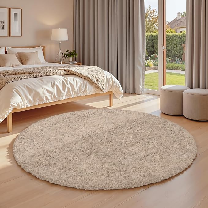 Beige Round Fluffy Rug 5ft, Soft Bedroom Circle Rugs Mats - Image 3