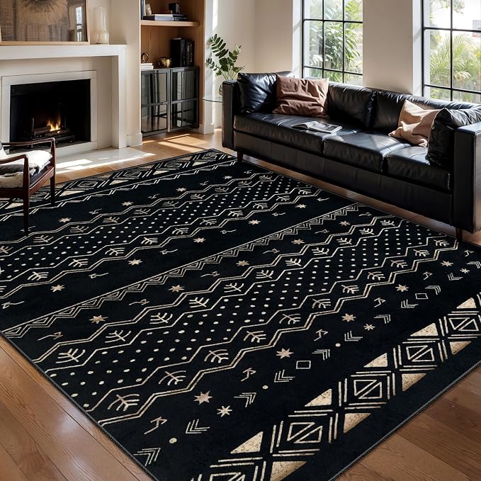 SERISSA 5x7 Area Rugs for Living Room, Washable Non-Slip Black Gold Grad Boho by SERISSAHomeDecorCollection
