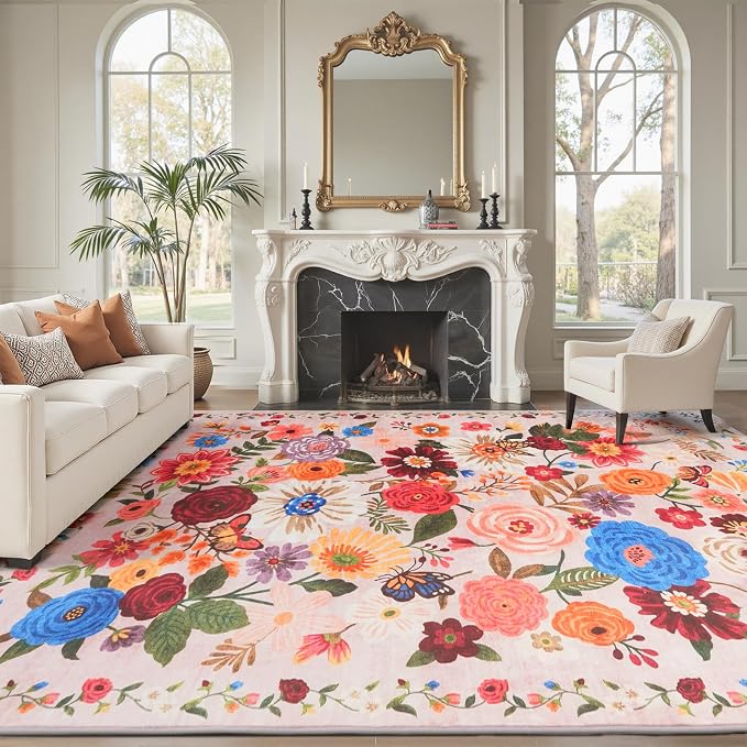 Blush Washable Area Rug 8x10, Large Soft Floral Carpet - Image 2