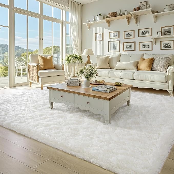 BENRON Fluffy Rugs for Living Room 5x8 Cream White, Washable Large Area Rugs by BENRON