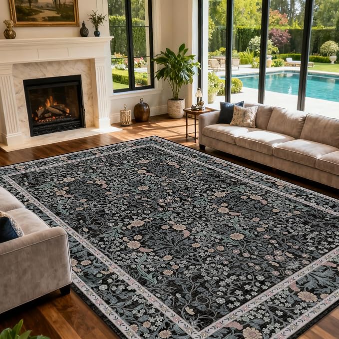 Vintage Black Living Room Rug, 9x12 Washable Area Rugs - Image 3