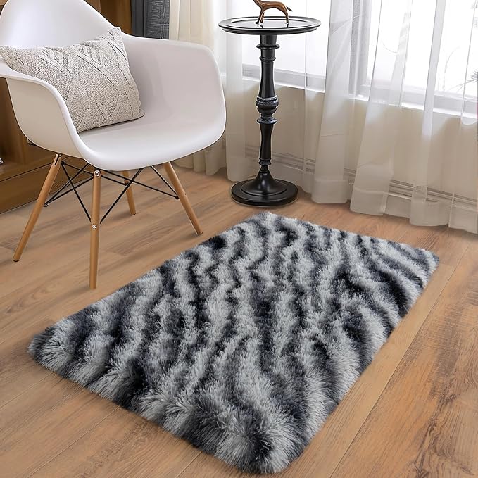 Soft Runner Rugs for Bedroom Hallways, 2x3 Black and White Fluffy Shag Throw - Image 3