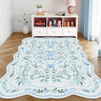 Blue Floral Area Rug 5x7, Washable Scalloped Boho Carpet - Image 2