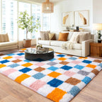 Checkered 8x10 Area Rugs for Living Room, Ultra Soft Fluffy Large Shaggy Rug - Image 2