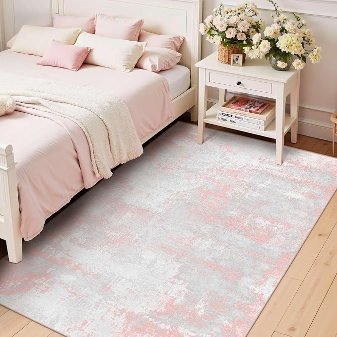 Latte&Fog 3x5 Entryway Pink Area Rugs, Modern Abstract Washable Rugs - Image 4