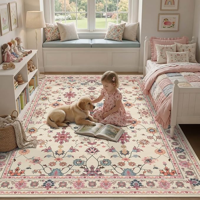 Rugxara Pink Rug for Living Room Bedroom, Floral 5x7 Washable Rug, Vintage Boho by Rugxara