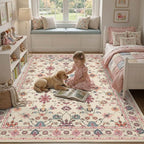 Rugxara Pink Rug for Living Room Bedroom, Floral 5x7 Washable Rug, Vintage Boho by Rugxara