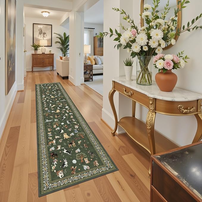Dog Hallway Runner Dark Green Carpet Non-Slip, 2x10 Washable Rug Ultra-Thin Soft - Image 5