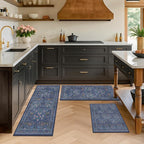 JTJ Dark Blue Kitchen Rugs Set of 3, Non Slip Washable Runner Mats, Vintage - Image 6