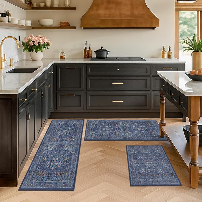 JTJ Dark Blue Kitchen Rugs Set of 3, Non Slip Washable Runner Mats, Vintage - Image 6