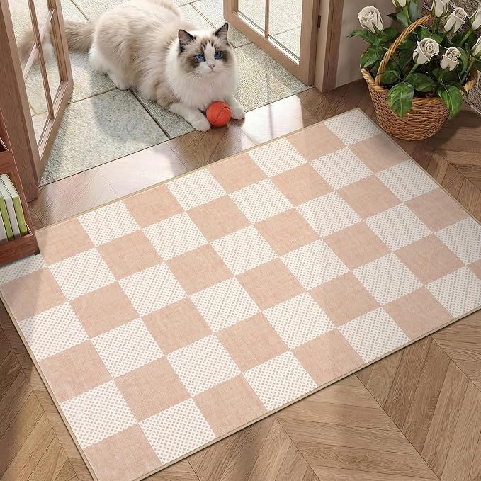 GarveeHome Checkered Blush Beige Neutral Small 2x3 Washable Rug Door Mat by GarveeHome