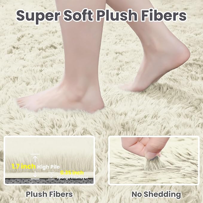 5x8 Area Rugs for Living Room: Soft Fluffy Shag Cream White Rugs for Bedroom - Image 5