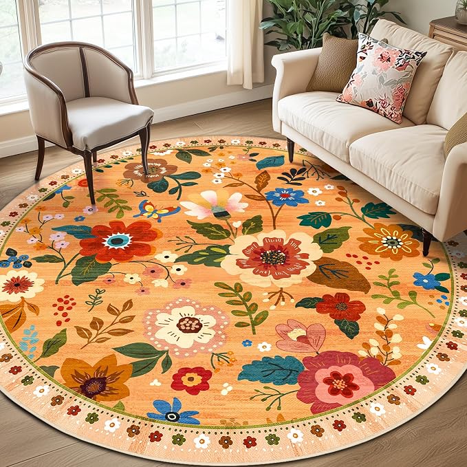 RELEANY Floral 8ft Area Rugs Washable Print Boho Cute Carpet Non Slip Flower by RELEANY