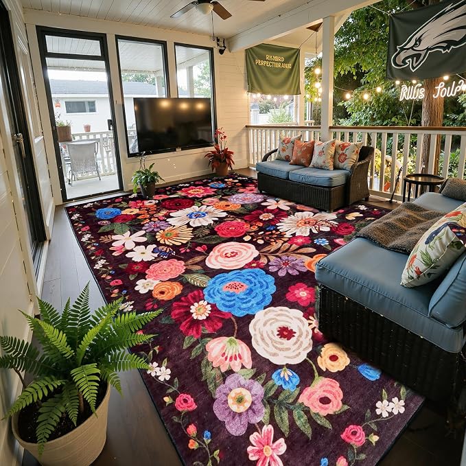 Floral Washable 6x9 Area Rugs Espresso, Soft Bedroom Rug by WelcometoBabovid