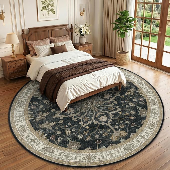 RELEANY Area Rugs Round 10ft Washable Non-Slip, Floral Vintage Distress - Image 2