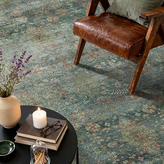 Latte&Fog 5x7 Area Rugs for Living Room, Vintage Green Washable Rug, Floral - Image 6