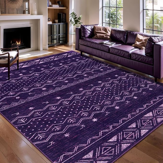 SERISSA 5x7 Area Rugs for Living Room, Washable Non-Slip Purple and White Boho by SERISSAHomeDecorCollection