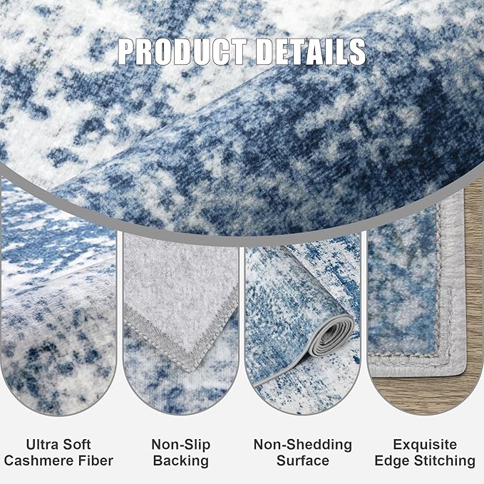 2'x5'Runner Rug Washable Rug: Modern Abstract Soft Thin Runner Rug Blue - Image 6
