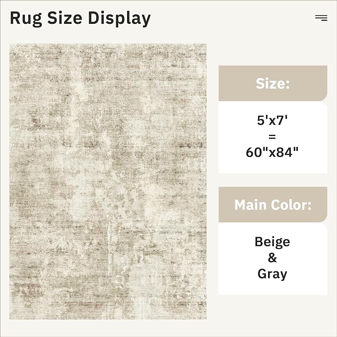 Soalmost Abstract Rug 5x7 Machine Washable Area Indoor Beige Gray White Low - Image 3